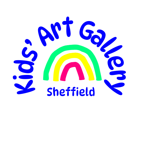 Our main logo, which consists of a hand-drawn rainbow of bright green, pure yellow and bright pink. "Kids' Art Gallery" is written in bubbly blue writing in a curve above the rainbow, and "Sheffield" is written in smaller blue bubbly writing below the rainbow.