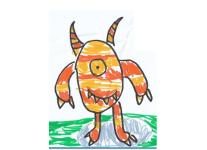 A picture of an orange and yellow stripey monster. He has stripey horns, one eye and a smiley mouth.