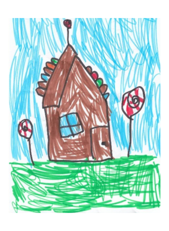 A drawing of a gingerbread house, with red adn white lollipops either side of the house, and sweets on the roof. The grass is green and the sky is blue.